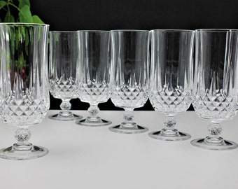 7" Cristal D'Arques Longchamp Crystal Footed Iced Tea Glasses 11.75 oz, Durand of France Diamond Cut Water Goblets 24% Lead, Set of 6