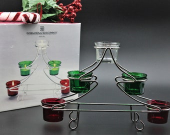 Metal Retro Christmas Tree Votive Holder, Vintage International Silver, Heavy Duty Red & Green Glass Candle Cups Holiday Display, IOB