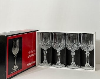 7 1/4" Cristal D'Arques Longchamp Crystal 8.5 oz Wine / Water Glasses, Durand of France, Diamond Cut Glass Goblets 24% Lead, Set of 4 in BOX