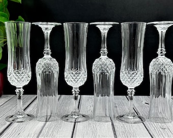 8 1/8" Cristal D'Arques Longchamp Crystal Fluted Champagne Glasses 5 oz, Durand of France, Diamond Cut Flute Wine Goblets, Set of 6