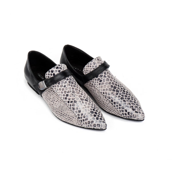 Women's Leather Shoes, Loafers, Slip On Shoes, Women's Flats, Black & Gray Shoes, Leather Flat, Pointed Flats, Elegant Shoes, Snakeskin Shoe