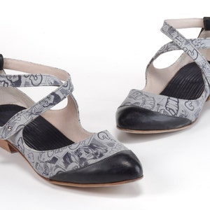 Summer Grey Leather Shoes / Women Printed Black Flats / Designers Shoes / Every Day Handmade Sandals / Ballerina Shoes / Point Shoes - Yuli