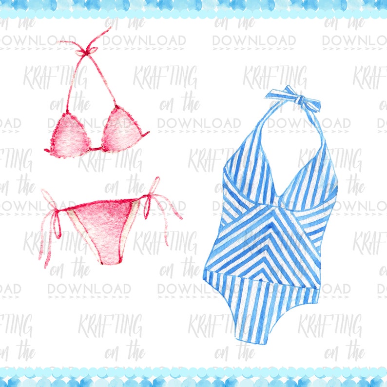 May include: Two watercolor illustrations of swimsuits. One is a pink bikini with a halter top and a matching bottom. The other is a blue and white striped one-piece swimsuit with a halter top.