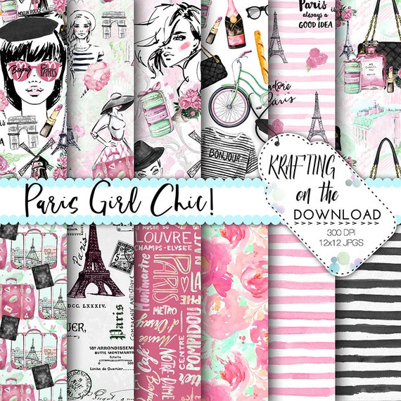 10 Paris Inspired Digital Watercolor papers Hand Painted Watercolor Scrapbook Papers.