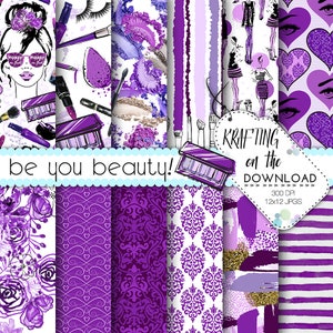 Könnte beinhalten: Ein digitaler Download von 12 violetten und weißen digitalen Papieren mit verschiedenen Mustern, darunter Make-up-Pinsel, Herzen, Blumen und Damast. Der Text "be you beauty!" und "KRAFTING on the DOWNLOAD 300 DPI 12x12 JPGS" ist im Bild enthalten.