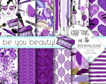 May include: A digital download of 12 purple and white digital papers with various patterns, including makeup brushes, hearts, flowers, and damask. The text "be you beauty!" and "KRAFTING on the DOWNLOAD 300 DPI 12x12 JPGS" is included in the image.