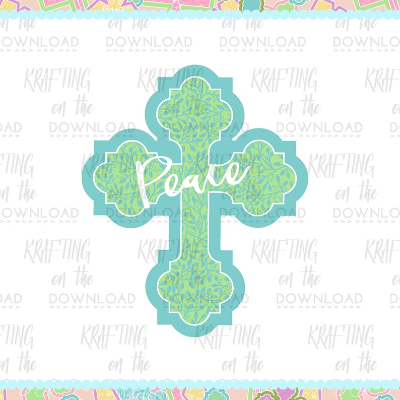 Puede incluir: Una cruz azul turquesa con un patr&oacute;n de hojas verdes y la palabra "Paz" en letras blancas.