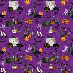 May include: A purple background with a repeating pattern of black cats, witch hats, pumpkins, high heels, and other Halloween-themed items. The pattern is in a watercolor style.