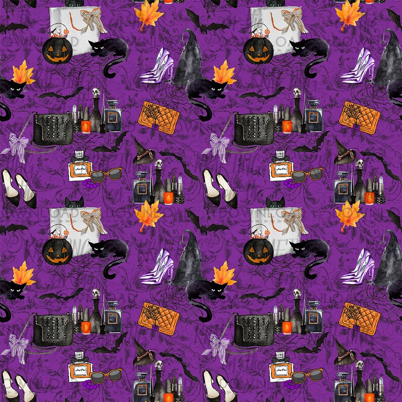 May include: A purple background with a repeating pattern of black cats, witch hats, pumpkins, high heels, and other Halloween-themed items. The pattern is in a watercolor style.