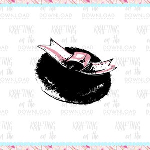 May include: A black and white illustration of a hat with a pink ribbon. The hat is a wide-brimmed style with a fuzzy texture.