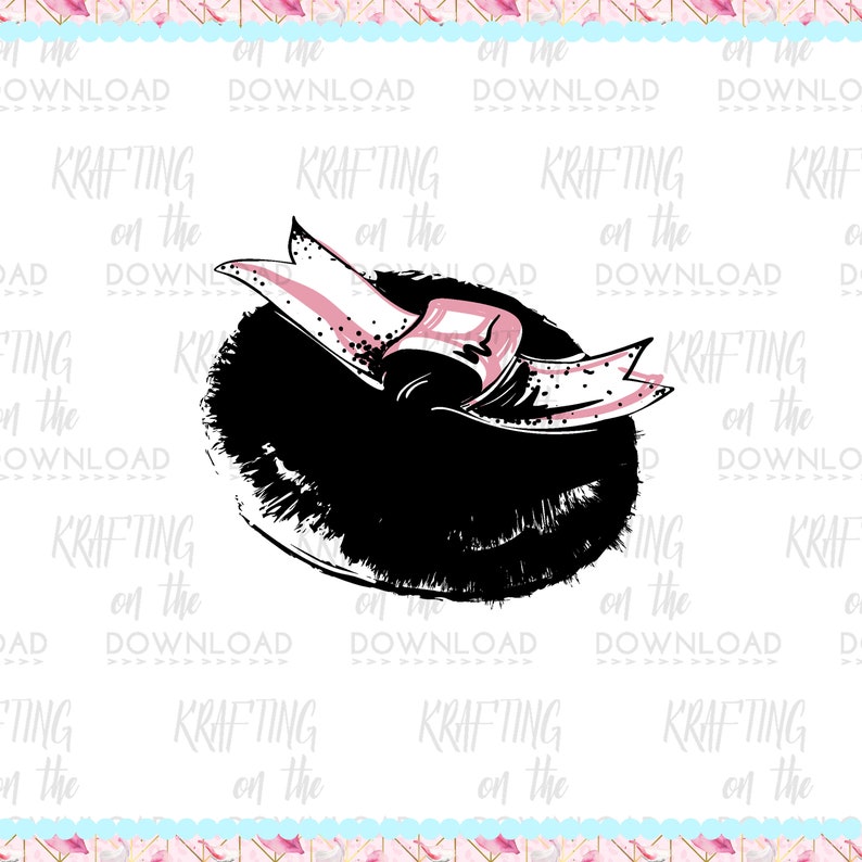 May include: A black and white illustration of a hat with a pink ribbon. The hat is a wide-brimmed style with a fuzzy texture.