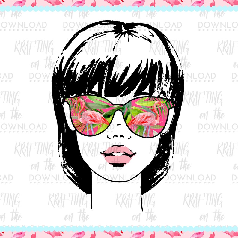 May include: Black and white illustration of a woman with short hair wearing sunglasses. The sunglasses reflect a tropical scene with pink flamingos and green leaves. The image includes the text "KRAFTING on the DOWNLOAD".