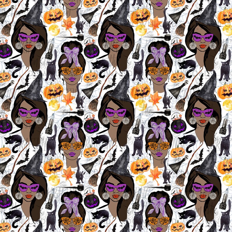 May include: A seamless pattern featuring a witch with purple glasses, a black hat, and a black cat. The background is white with pumpkins, bats, and other Halloween-themed elements.