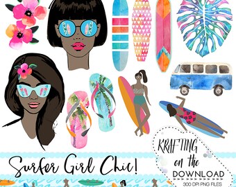 watercolor surf girl clipart png file watercolor surfer girl art set watercolor summer planner girl medium skin tone png clip art files