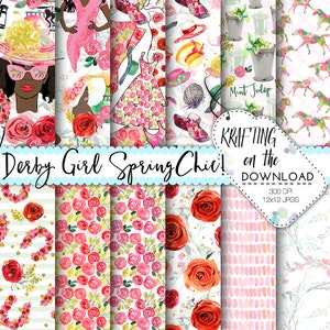 derby paper pack spring fashion digital paper derby digital paper african american girl spring paper pack watercolor rose digital paper image 1