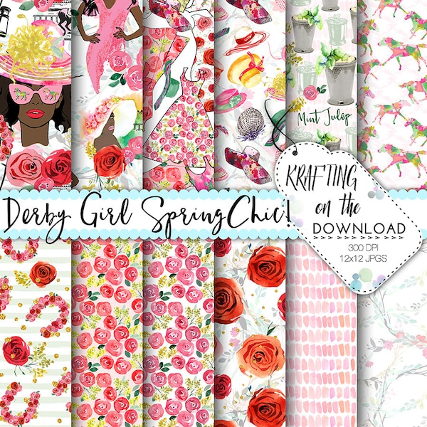 derby paper pack spring fashion digital paper derby digital paper african american girl spring paper pack watercolor rose digital paper