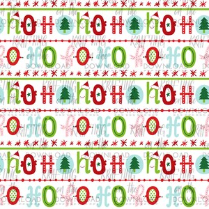 May include: A seamless pattern featuring a repeating design of red "HO HO HO" text, green Christmas trees, and red stars on a white background. The pattern also includes blue circles with white stars, green circles with white polka dots, and pink circles with white polka dots.