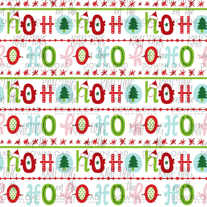 May include: A seamless pattern featuring a repeating design of red "HO HO HO" text, green Christmas trees, and red stars on a white background. The pattern also includes blue circles with white stars, green circles with white polka dots, and pink circles with white polka dots.