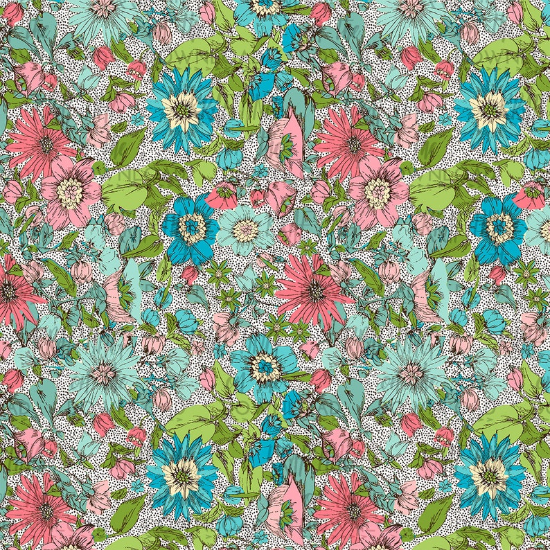 May include: A seamless pattern featuring a variety of flowers in shades of pink, blue, and green. The flowers are drawn in a delicate, hand-drawn style and are set against a white background with a subtle speckled texture.