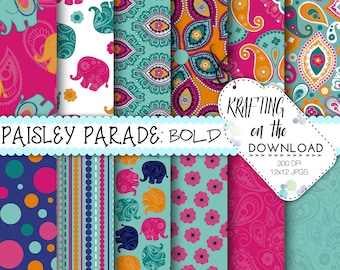 Pink and Navy Elephant Digital Paper Pack Paisley boho floral boho chic papers turquoise teal pink elephant paper pack instant download