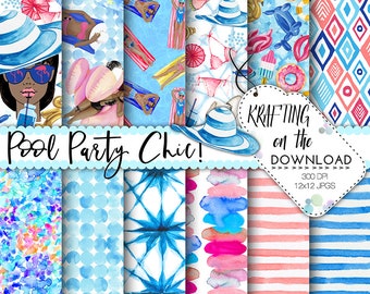 summer planner girl paper pack pool party paper pack watercolor medium skin tone girl summer fashion papers watercolor summer pool party