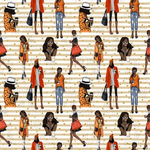 May include: A seamless pattern featuring a variety of women in different outfits and poses. The women are all wearing orange, brown, and white clothing. The background is a striped pattern with gold glitter dots.
