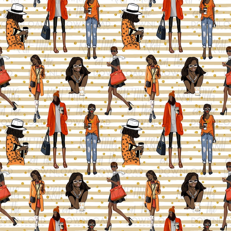 May include: A seamless pattern featuring a variety of women in different outfits and poses. The women are all wearing orange, brown, and white clothing. The background is a striped pattern with gold glitter dots.