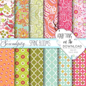 Spring Paisley Digital Paper Pack Shabby Chic Pink Olive Green Aqua Paisley Scrapbooking Papers Coral Floral Preppy Instant Download