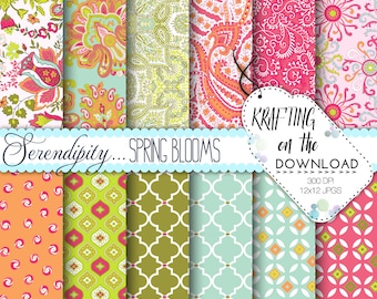 Spring Paisley Digital Paper Pack Shabby Chic Pink Olive Green Aqua Paisley Scrapbooking Papers Coral Floral Preppy Instant Download