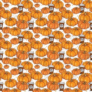 May include: A seamless pattern featuring orange pumpkins and coffee cups with the text "Fall Pumpkin Spice Latte" on a white background. The pattern is perfect for fall-themed crafts and projects.