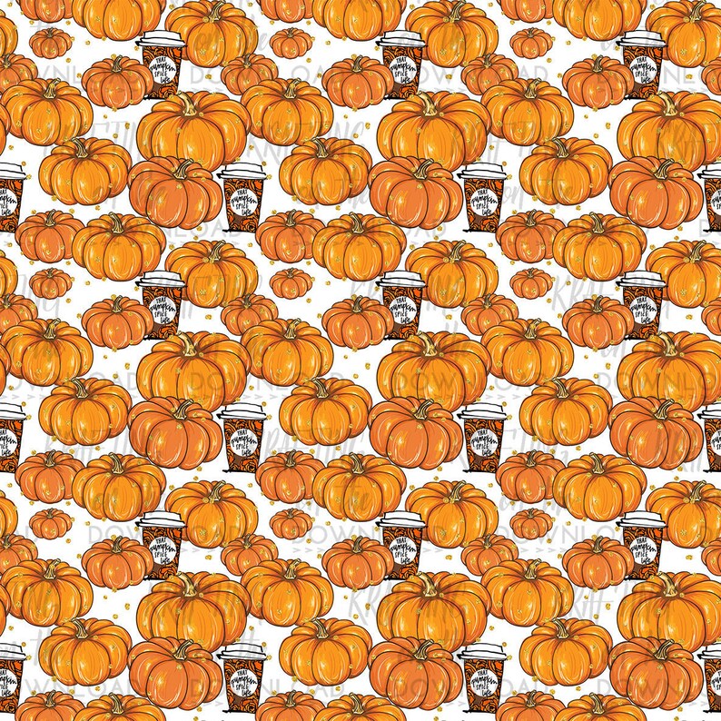 May include: A seamless pattern featuring orange pumpkins and coffee cups with the text "Fall Pumpkin Spice Latte" on a white background. The pattern is perfect for fall-themed crafts and projects.