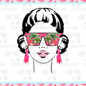 May include: A black and white illustration of a woman wearing pink sunglasses with a tropical scene reflected in the lenses. The woman has pink lips and feather earrings. The text "KRAFTING on the DOWNLOAD" is repeated around the image.