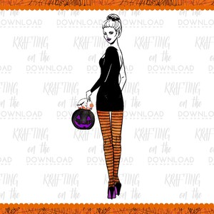 May include: A woman in a black dress and orange and black striped stockings holds a purple and black jack-o'-lantern bucket.