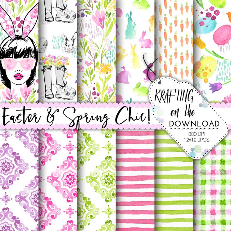 May include: A set of 12 digital paper designs featuring a variety of spring and Easter themes. The designs include bunnies, carrots, flowers, gingham, stripes, and floral patterns in pink, green, and white.