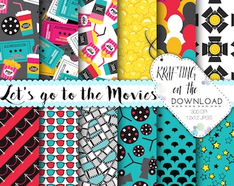 May include: A set of 12 digital papers with movie themes. The papers feature patterns of popcorn, film reels, 3D glasses, stars, spotlights, and red and black striped patterns. The papers are 12x12 inches and 300 DPI.