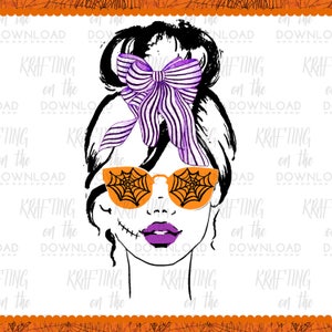 May include: A digital illustration of a woman with a black and white messy bun, a purple and white striped bow, and orange sunglasses with a spiderweb design. Her lips are purple and she has a stitched scar on her face.