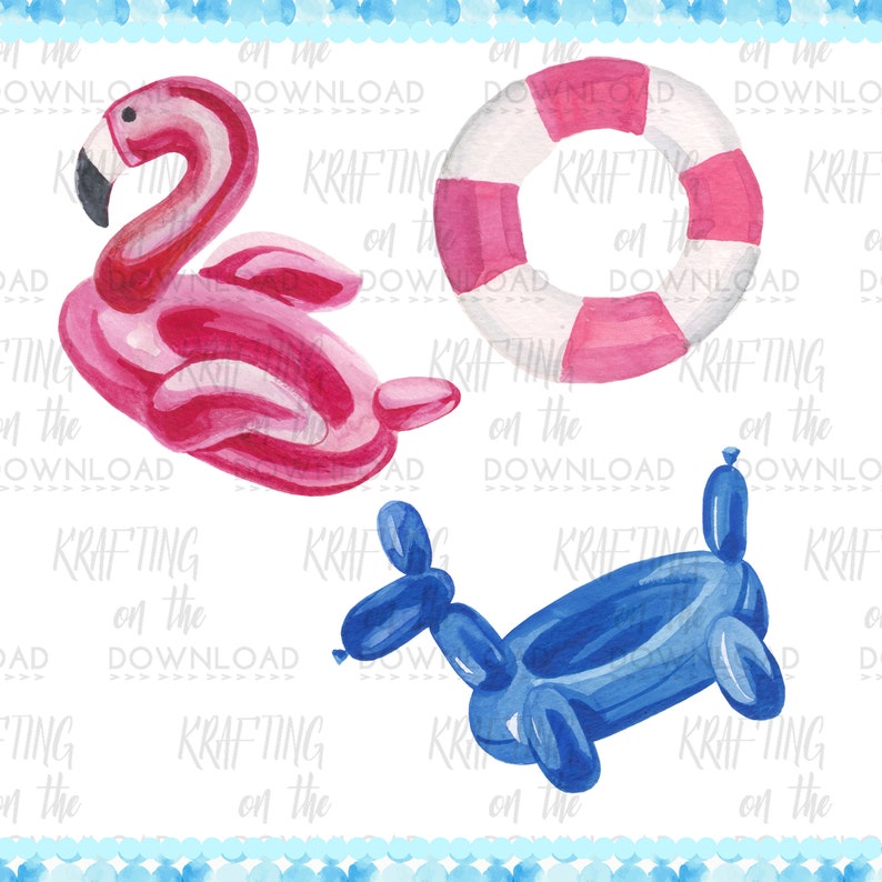 May include: A set of three watercolor illustrations of inflatable pool toys. The set includes a pink flamingo, a blue inflatable pool float, and a pink and white life preserver.
