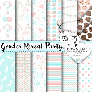 Gender Reveal Papierpackung Gender Reveal Digitales Papier Baby Shower Hintergrund Junge Mädchen Papiere blush und aqua Papier pack verschiedene Hauttöne