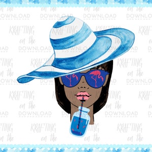 May include: A watercolor illustration of a woman wearing a blue and white striped sun hat and sunglasses with pink flamingos reflected in the lenses. She is drinking from a blue mason jar with a straw.