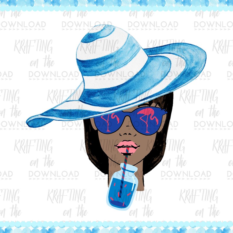 May include: A watercolor illustration of a woman wearing a blue and white striped sun hat and sunglasses with pink flamingos reflected in the lenses. She is drinking from a blue mason jar with a straw.