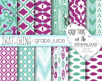 ikat digitaal papier paars groenblauw instant download zomer papier pak paars en groenblauw mint digitaal papier, digitale papieren verpakkingen schattig ikat papier