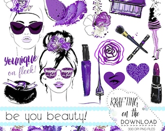 May include: A digital art collage featuring beauty and makeup elements in purple and black. Includes illustrations of women, makeup products like eyeshadow, mascara, and lipstick, and text that reads "Younique on fleek!" and "be you beauty!"
