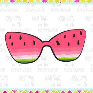 May include: Watermelon-shaped sunglasses with a pink and red watermelon pattern and green accents. The sunglasses have a cat-eye shape.