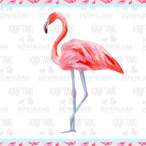 May include: Watercolor illustration of a pink flamingo with a curved neck and long legs. The bird is set against a white background with the text "KRAFTING on the DOWNLOAD" repeated. A pink and blue border with flamingo silhouettes frames the top and bottom.