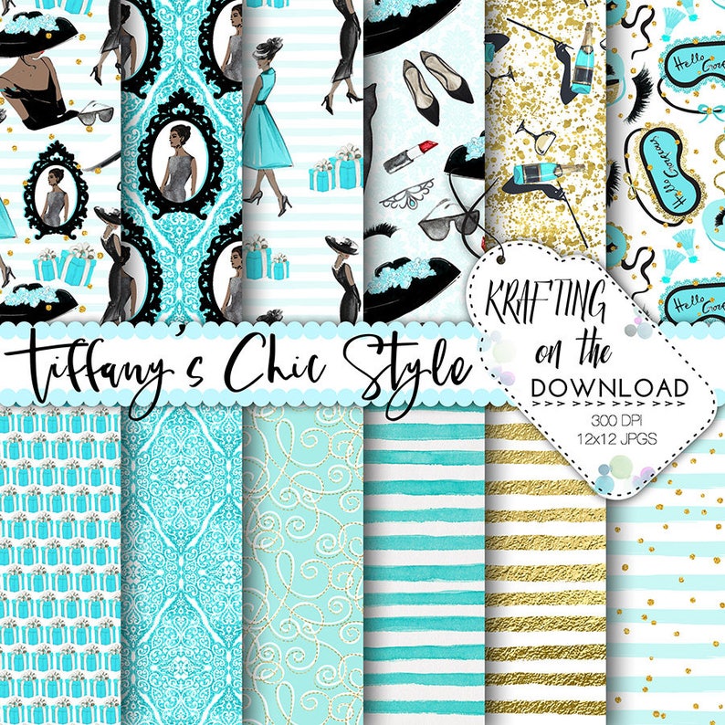 watercolor breakfast at tiffany paper pack watercolor tiffany's digital paper watercolor planner girl teal black papers medium skin tone image 1