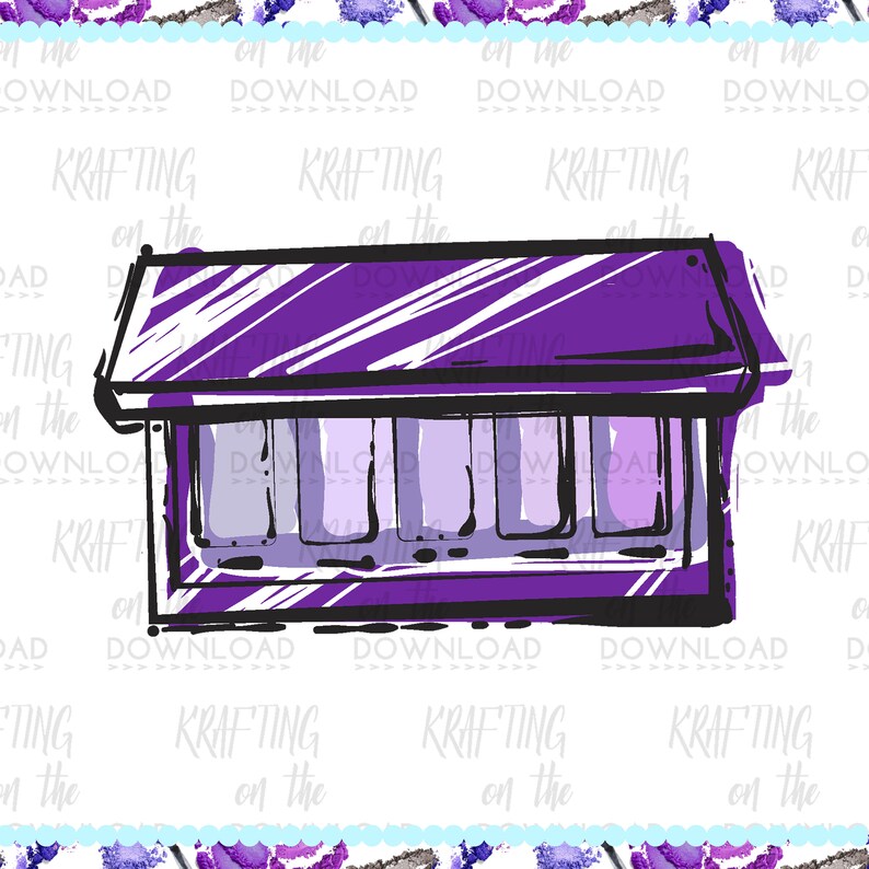 Puede incluir: Ilustraci&oacute;n p&uacute;rpura y negra de una paleta de maquillaje. La paleta tiene forma rectangular con una parte superior inclinada y varias secciones rectangulares. Las palabras "KRAFTING on the DOWNLOAD" se repiten alrededor de la imagen.
