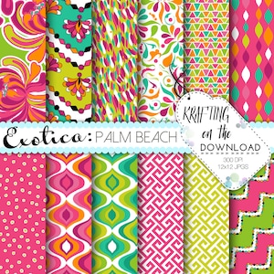 May include: A set of 12 digital paper patterns in a tropical theme. The patterns feature bright colors like pink, green, and orange, and geometric designs. The text "Exotica: Palm Beach" is displayed on the image.
