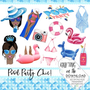 May include: A set of digital illustrations featuring a pool party theme. The illustrations include a woman wearing a swimsuit and sunglasses, a flamingo float, a pool ring, a camera, a swimsuit, a dog float, a lemonade bottle, and the text "Pool Party Chic!"