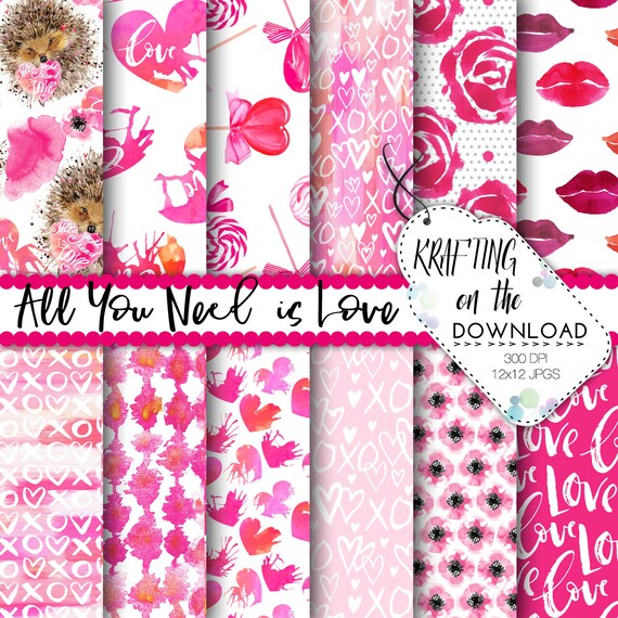 watercolor valentine paper pack, watercolor hearts paper pack, watercolor valentines paper pack, watercolor animal, watercolor roses, xoxo