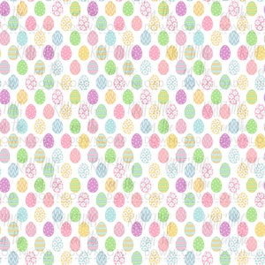 May include: A seamless pattern of pastel colored Easter eggs with various designs, including polka dots, zigzags, and floral patterns, on a white background.